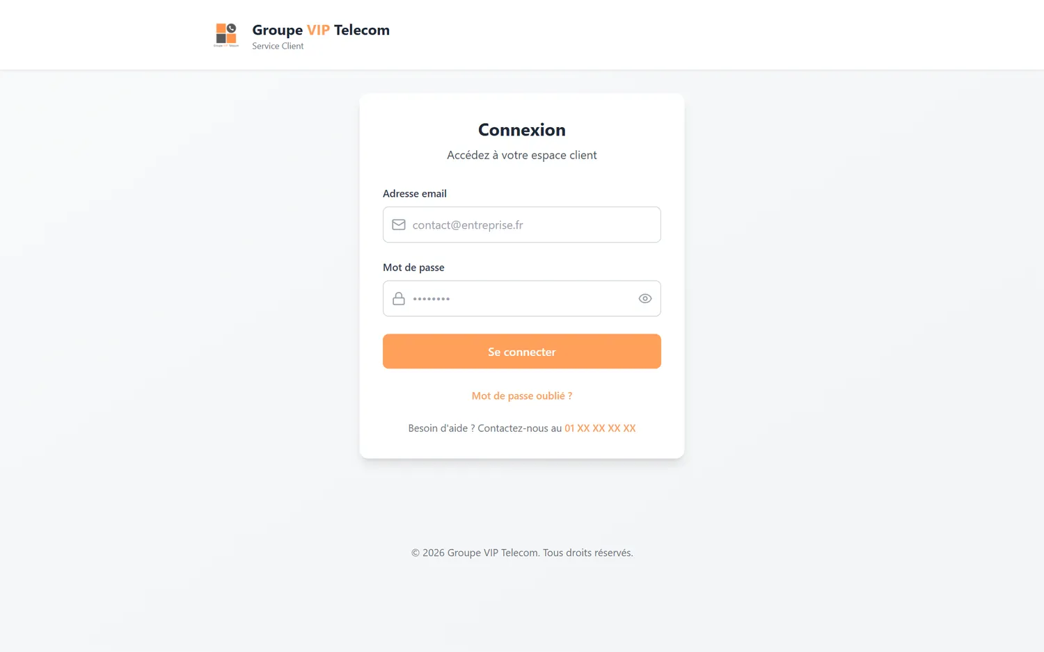 Espace client — Groupe VIP Telecom — capture principale du projet