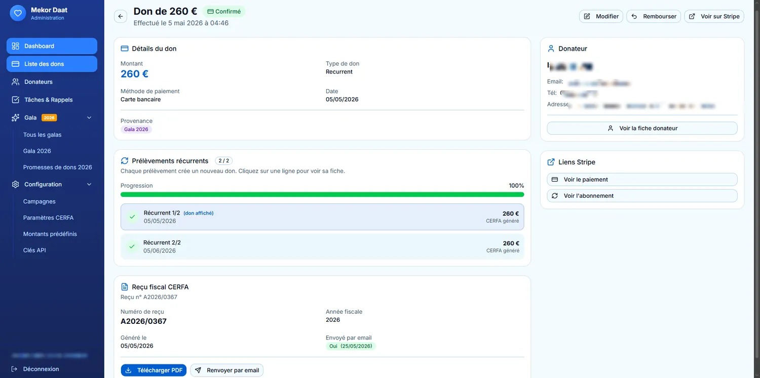 Back-office dons — Mekor Daat — aperçu du projet