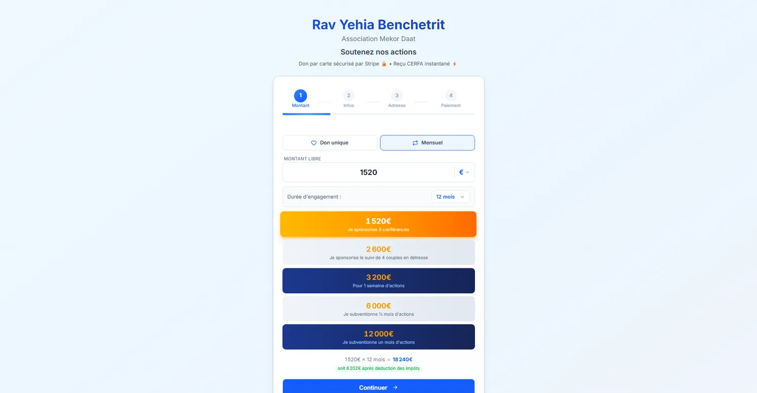 Plateforme de dons en ligne — Rav Benchetrit — capture principale du projet