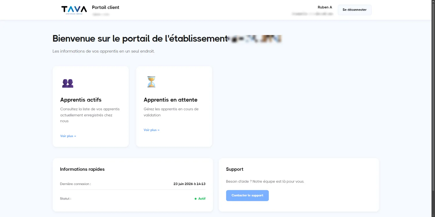 Portail client TAVA — capture principale du projet